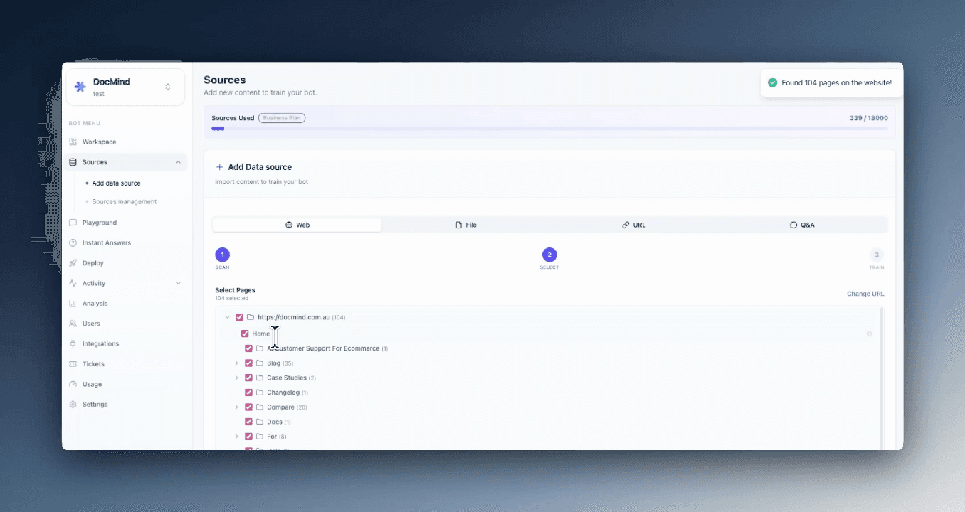 DocMind AI chatbot setup dashboard — crawl your website and train AI on your ecommerce store content